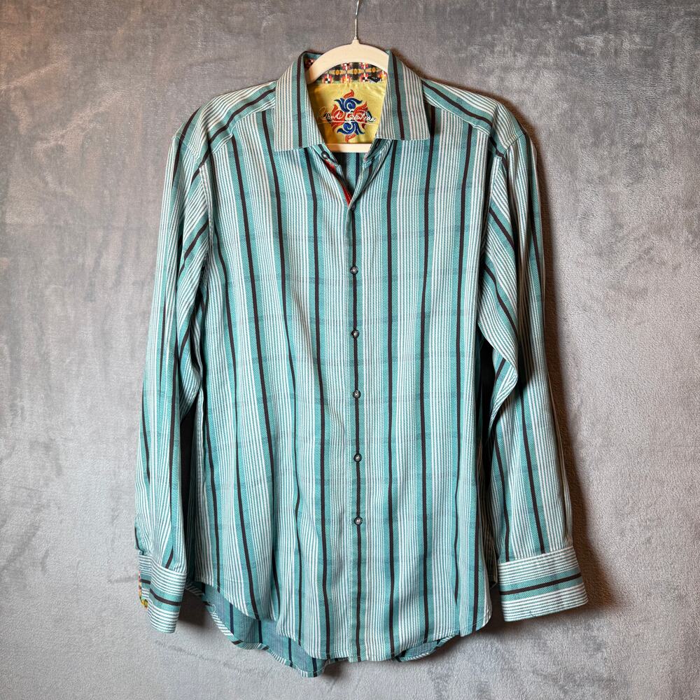 Robert Graham Mens Striped Shirt Teal Flip Cuff Button Down Medium M